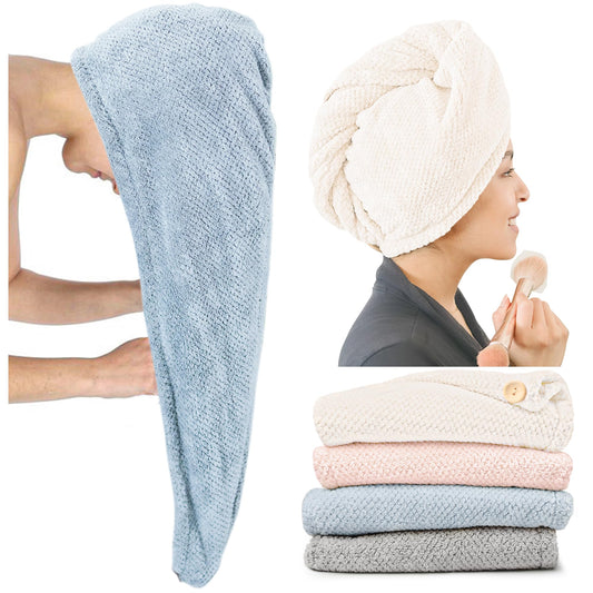ROLSHOL Extra Large 4 Pack Microfiber Hair Towel Wrap for Women Super Absorbent & Quick Dry Hair Drying Towels with Button, Hair Turbans for Curly Hair Long & Short Hair - Anti-Frizz