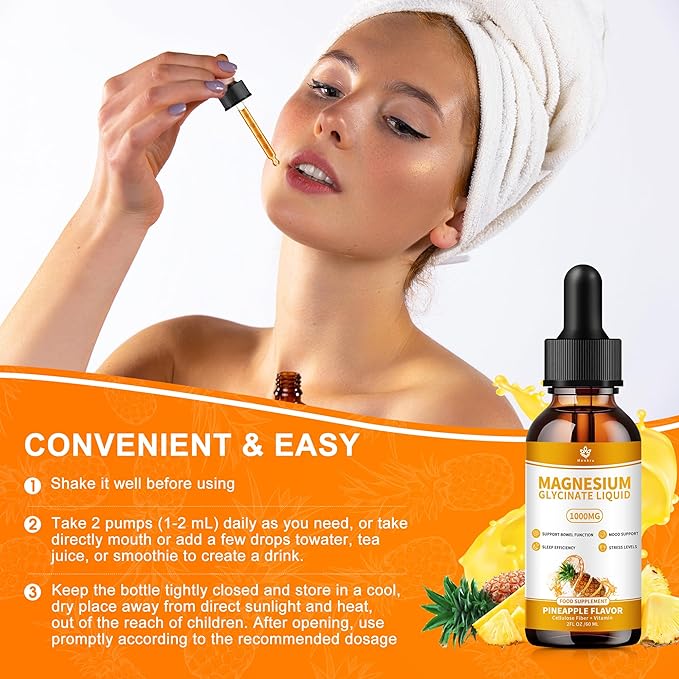 (2 Pack) Magnesium Glycinate Liquid Drops with Cellulose Fiber, Vitamin B6, C, D, Zinc, Magnesium,for Sleep, Nerve, Energy, Muscle, Bone, Calm & Digestion, High Absorption, 4 Fl oz