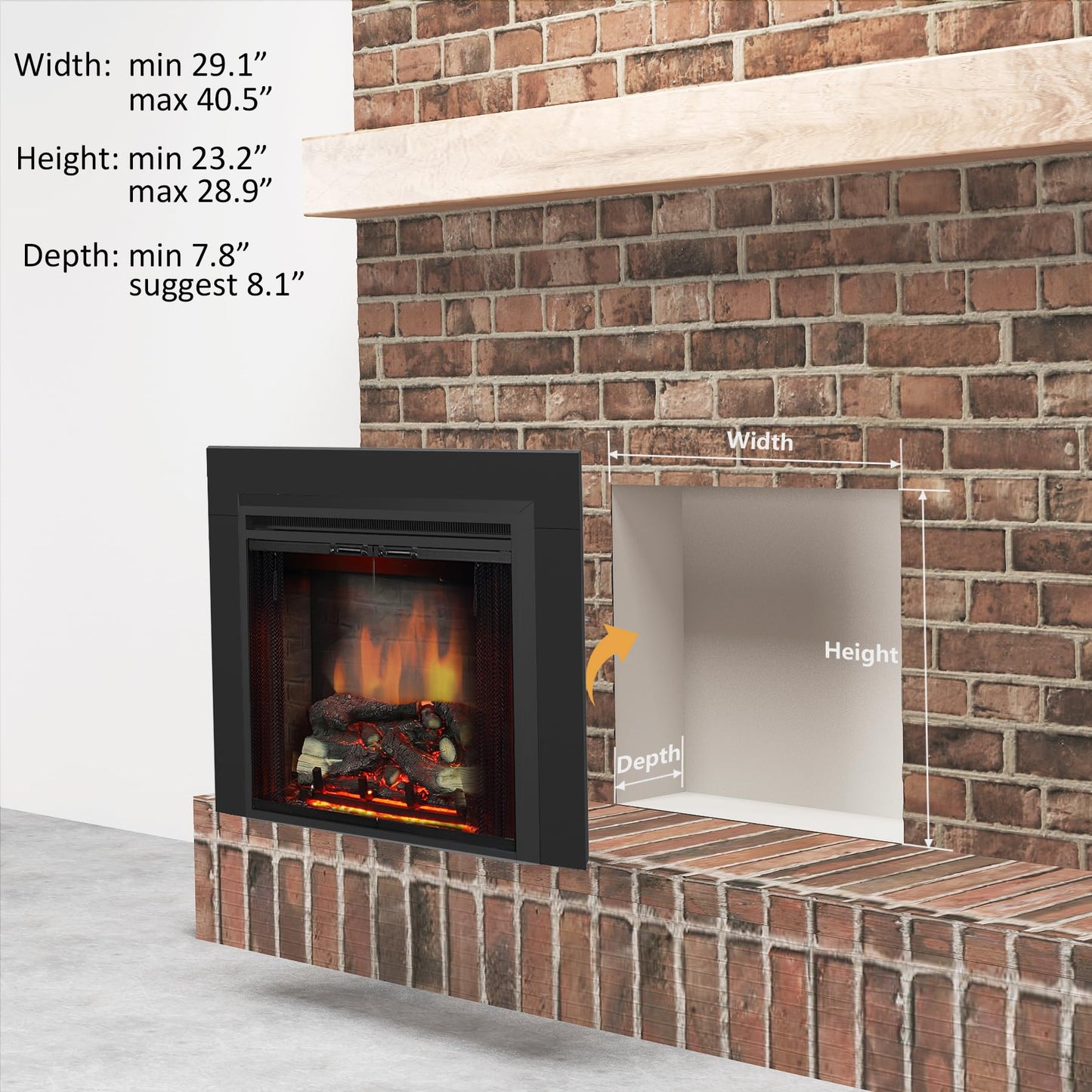 PuraFlame Klaus 30” Electric Fireplace Insert with Trim Kit, Fire Crackling Sound, Resin Log, Glass Door and Mesh Screen, 750/1500W Heater, Black
