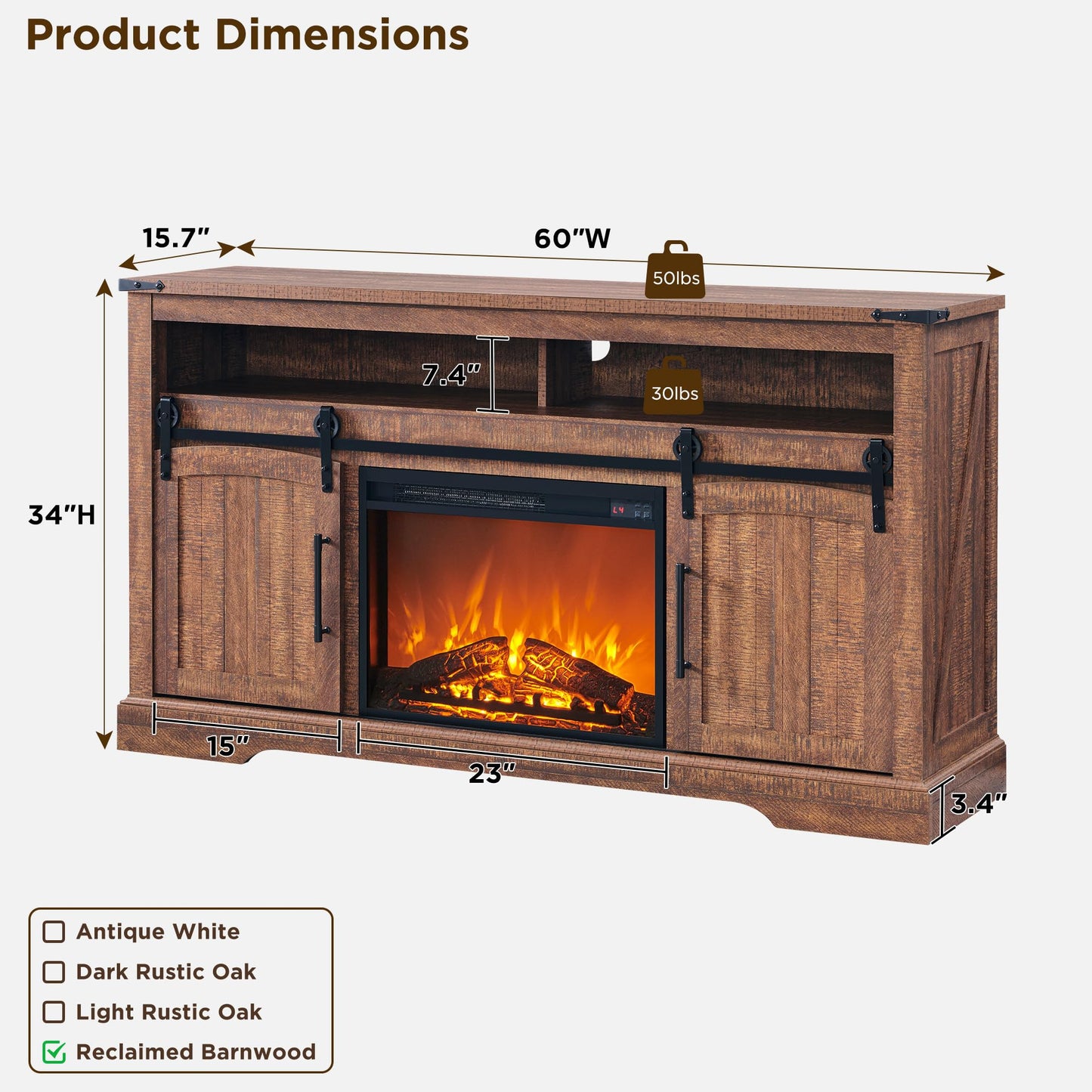 OKD Farmhouse Fireplace TV Stand for 70+ Inch TV, 33" Tall Highboy Entertainment Center with 23" Electric Fireplace, Rustic Media Console w/Sliding Arched Door for Living Room,Reclaimed Barnwood