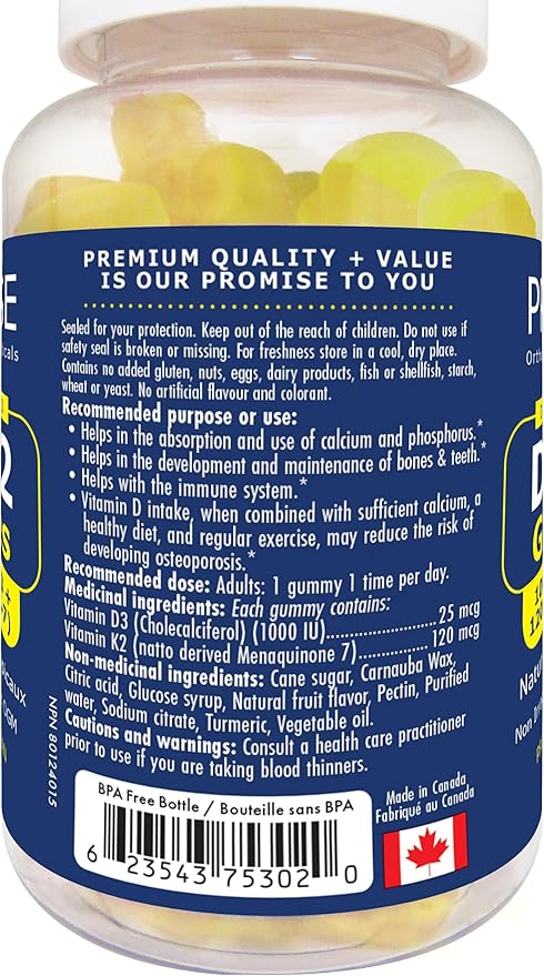 Promise D3+K2 Vitamin Gummy, 1000IU Vitamin D3 + 120mcg VIT K2 as MK-7, Natural Tropical Fruit Flavour, Made in Canada (60 Gummies)