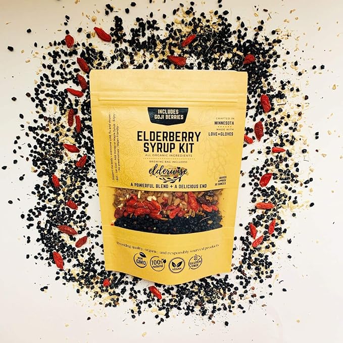 Elderwise Organics Elderberry Syrup Kit (Goji Blend) Ningxia Berry - Brew Bag Included - Organic Elderberries - Rosehips - Ginger - Wolfberry - Cinnamon - Cloves
