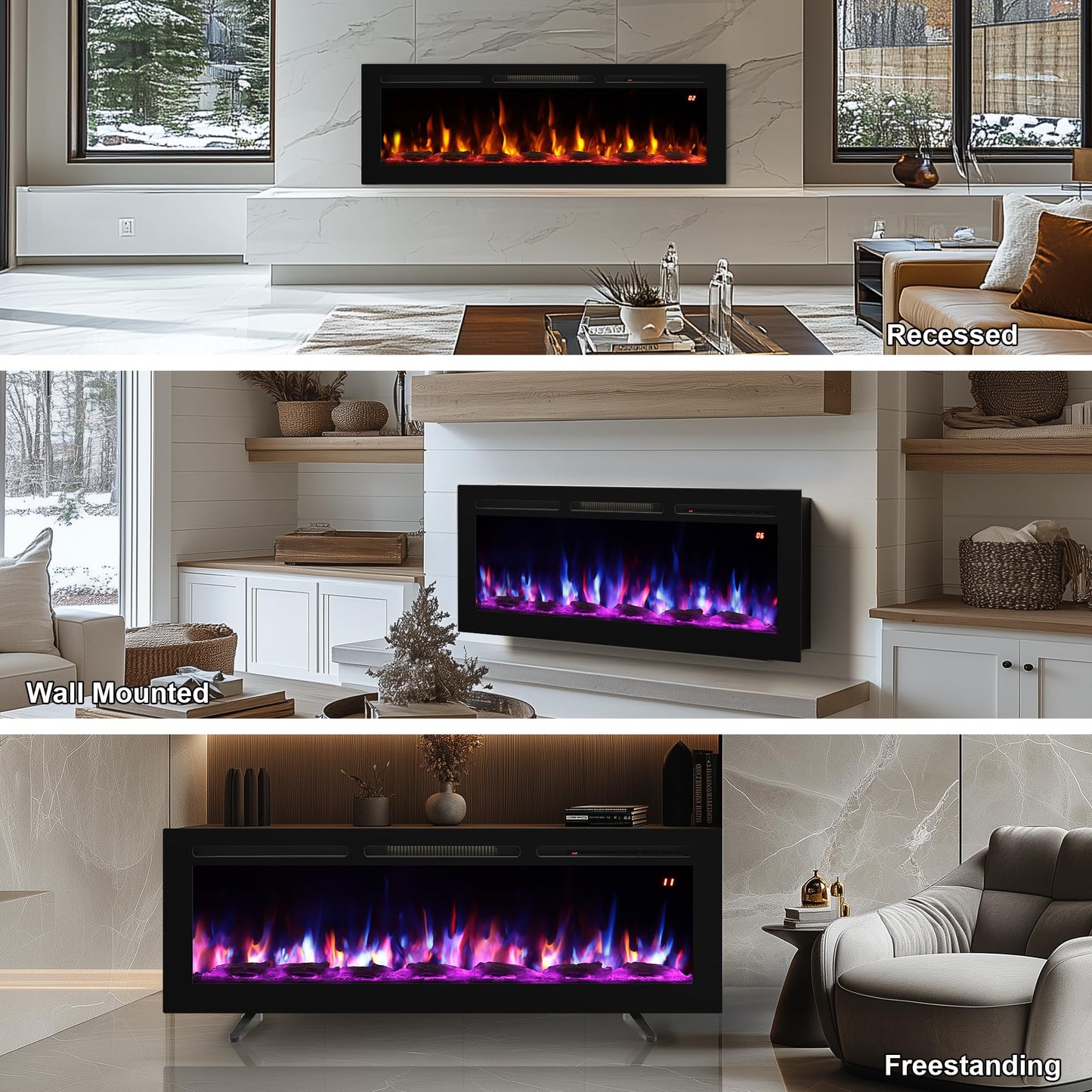 48 Inch Wall Mounted/Recessed/Freestanding Electric Fireplace Inserts,3 in 1 Electric Fireplace with 4 Solid Flame Colors & 10 Mixed Flame Colors,1-9H Timer, 750w/1500w
