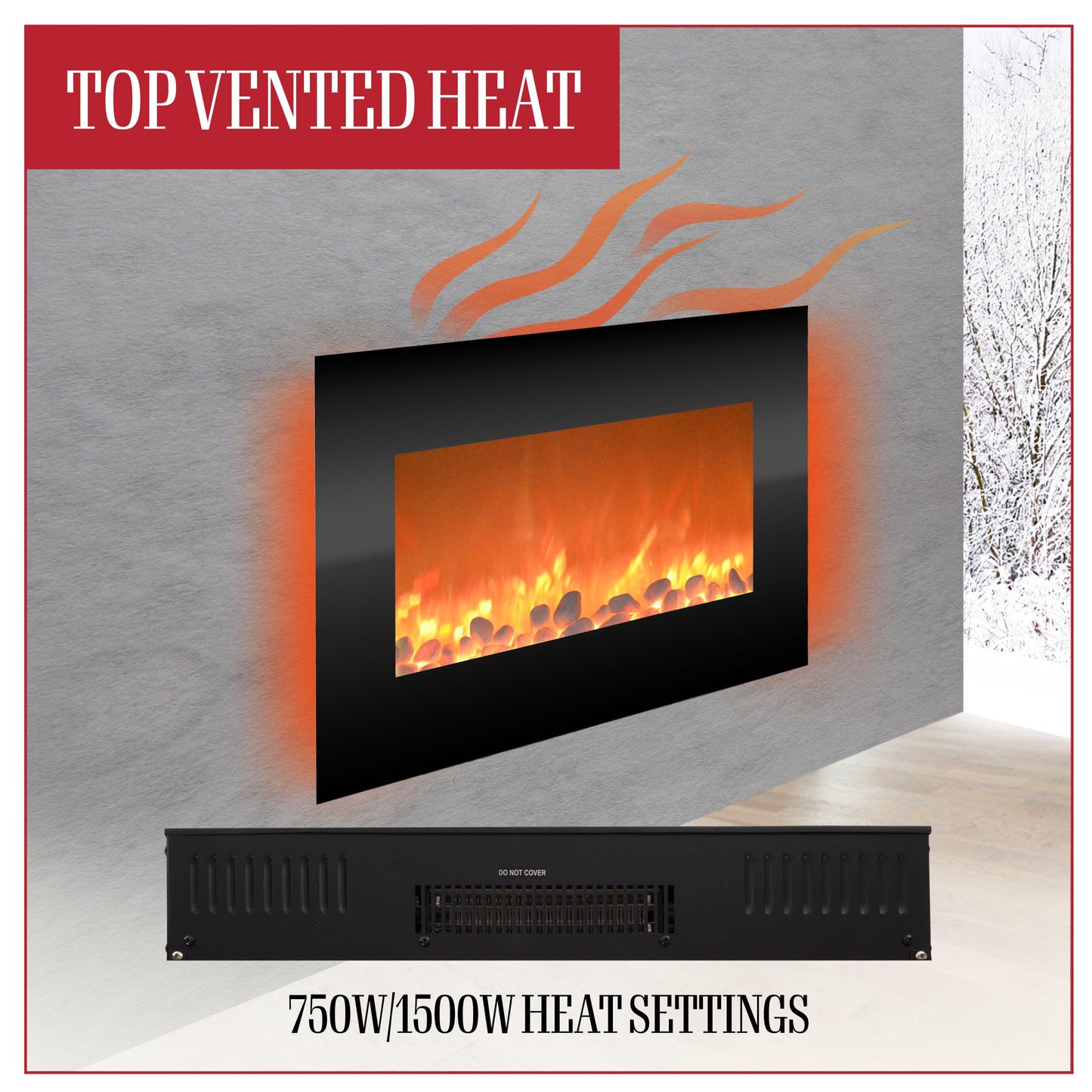 Electric Fireplace - 30 Inch Wall Mounted Fireplace - 13 Backlight Colors and Remote Controlled LED Flames, Heat, and Brightness by Northwest (Black)