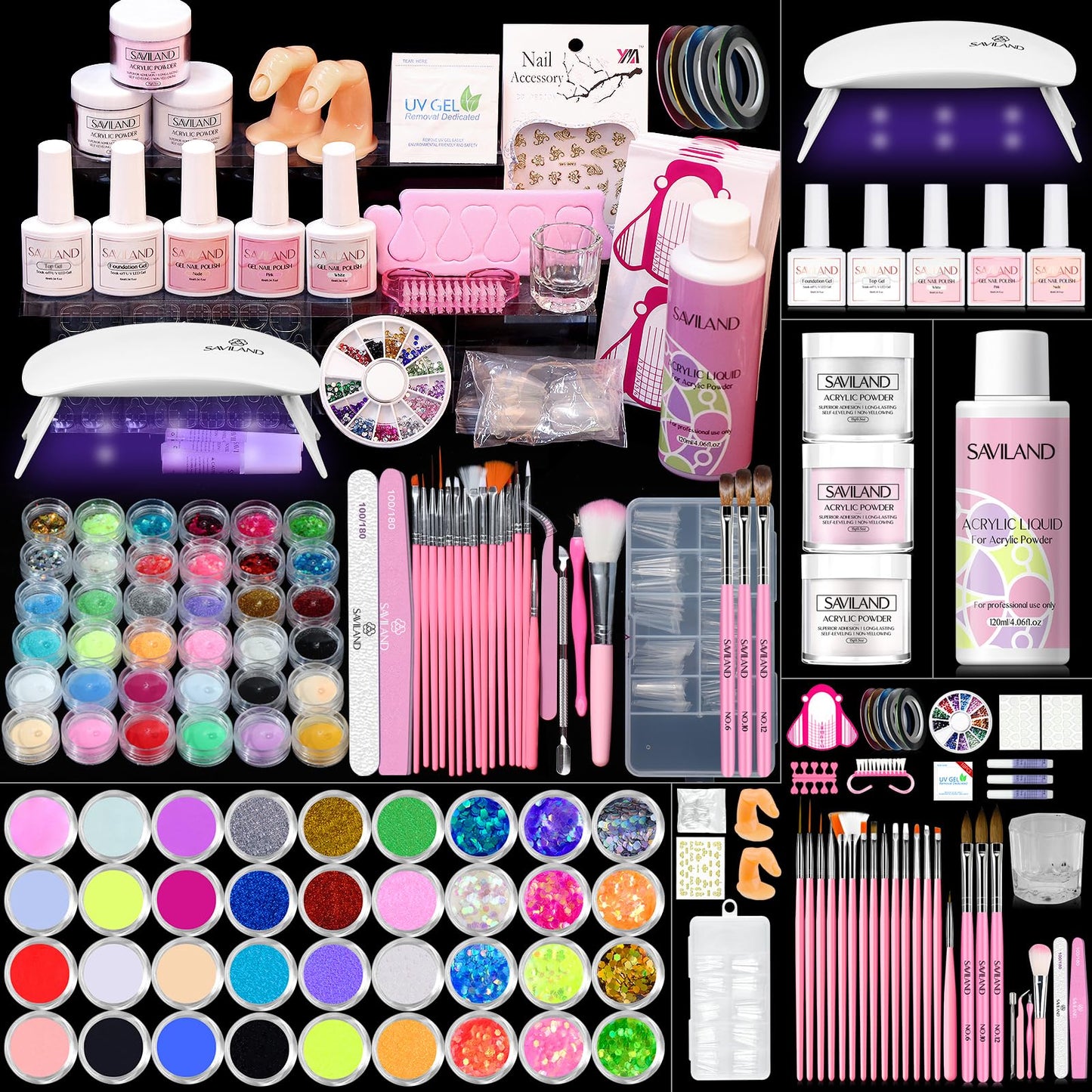 Saviland Acrylic Nail Kit Set - 3 Colors Acrylic Powder Liquid Set for Starters and Professionals, Acrylic Nail Set Nail Carving and Extension3