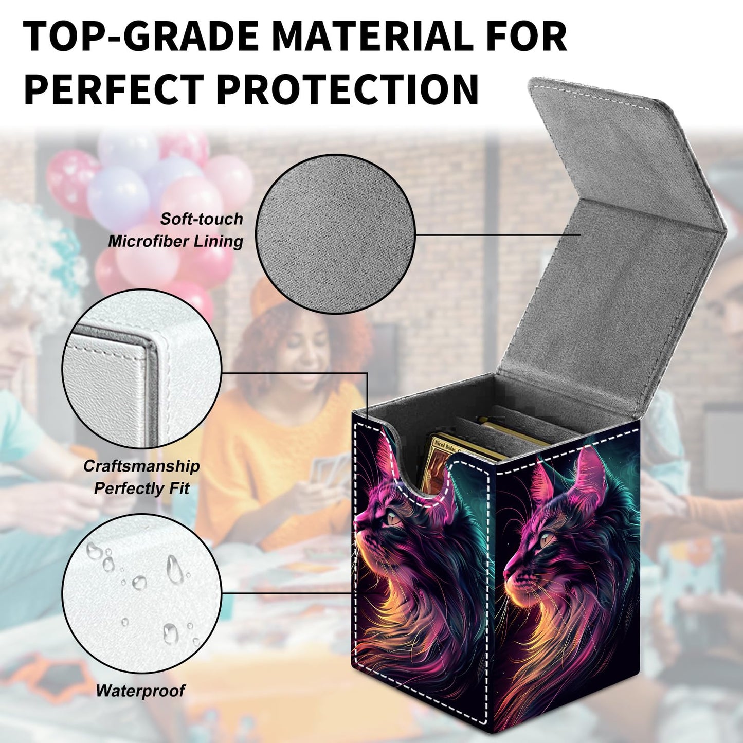 Card Deck Box for MTG Trading Cards, Magic Card Box Can Hold 110+ Single Sleeved Cards, Waterproof PU Leather Material, Strong Magnetic Buckle Card Set Box Suitable for TCG CCG, Neon Colored Cat