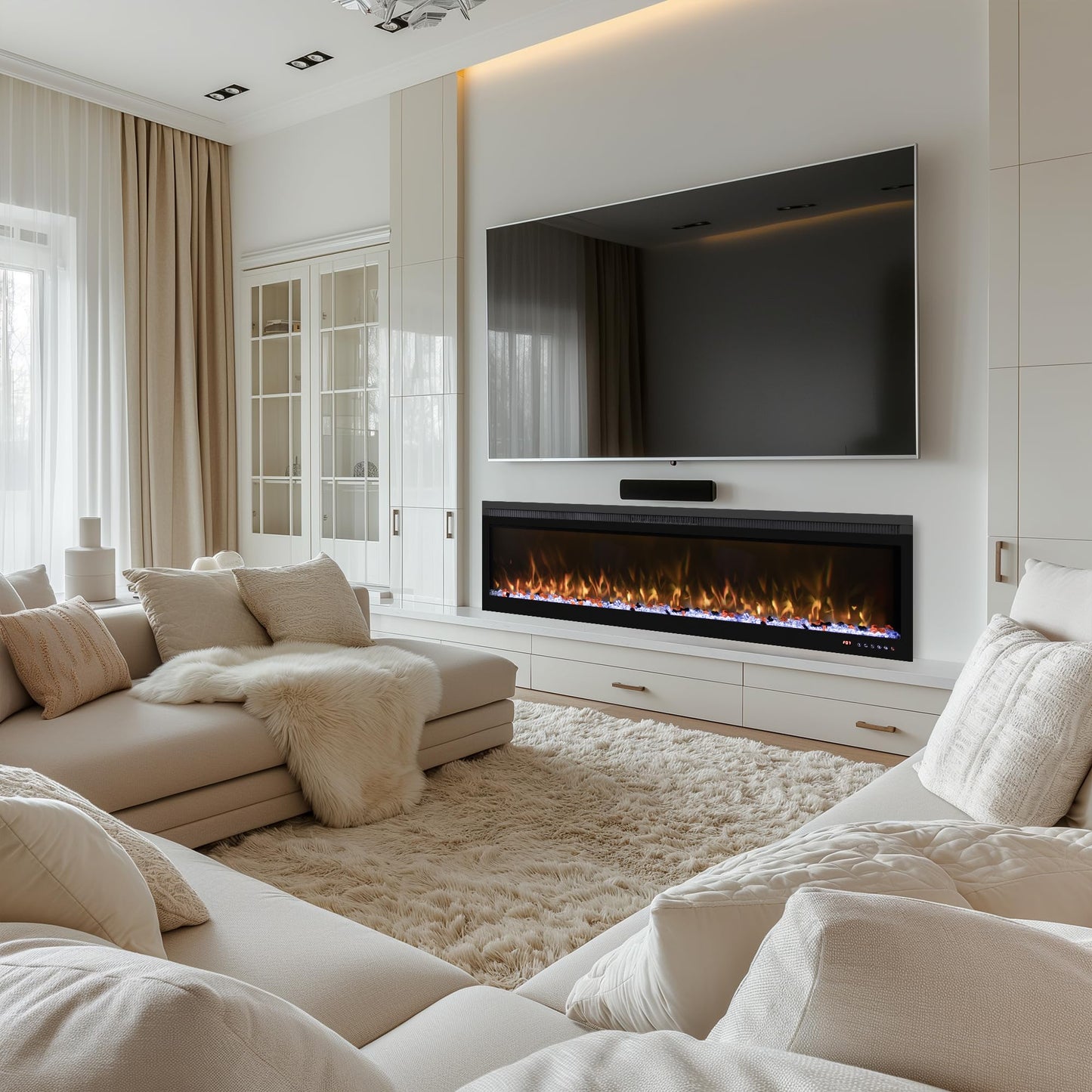 Mystflame 60 inch Electric Fireplace Inserts, Wall Mounted and Recessed Fireplace Heater, Remote & Touch Screen, Log Set & Crystal, 13 Adjustable Flame Color, Thermostat, 1-9H Timer, 750w/1500w