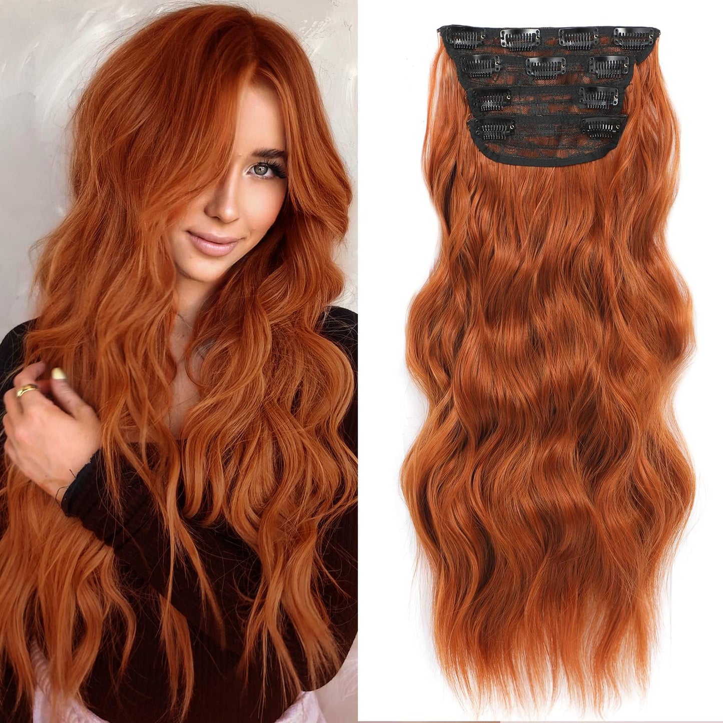 NAYOO Clip in Long Wavy Hair Extensions for Women 4PCS Copper Red Curly Synthetic Thick Hairpieces with Fiber Double Weft Hair Full Head(20 inch, Copper Red)