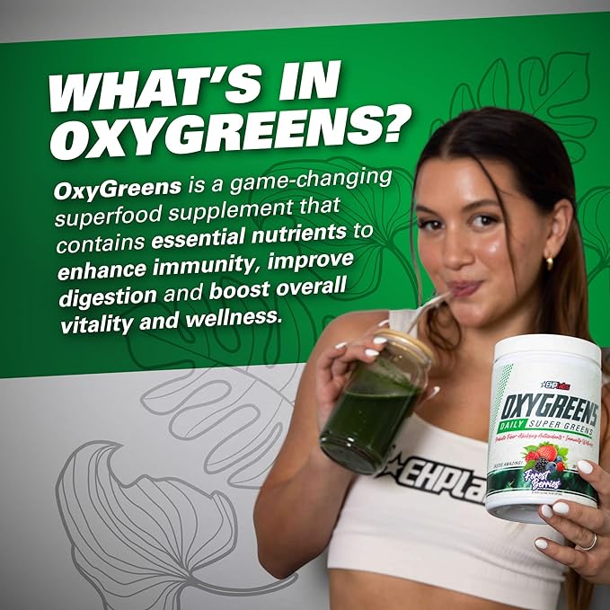 EHP Labs OxyGreens Super Greens Powder - Spirulina & Chlorella Superfood, Green Juice Powder & Greens Supplements with Prebiotic Fibre, Antioxidants & Immunity Support, 30 Serves (Crisp Apple)