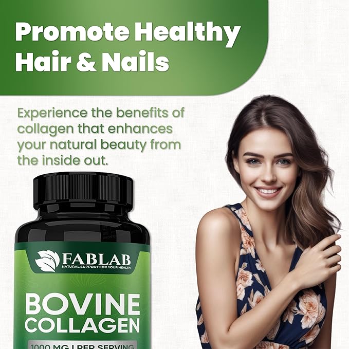 FabLab Bovine Collagen Type I Supplement - Nutritional Supplement for Joint, Nerve & Bone Support - Non-GMO, Anti-Aging Dietary Product with Hydrolyzed Peptides - 100 Capsules