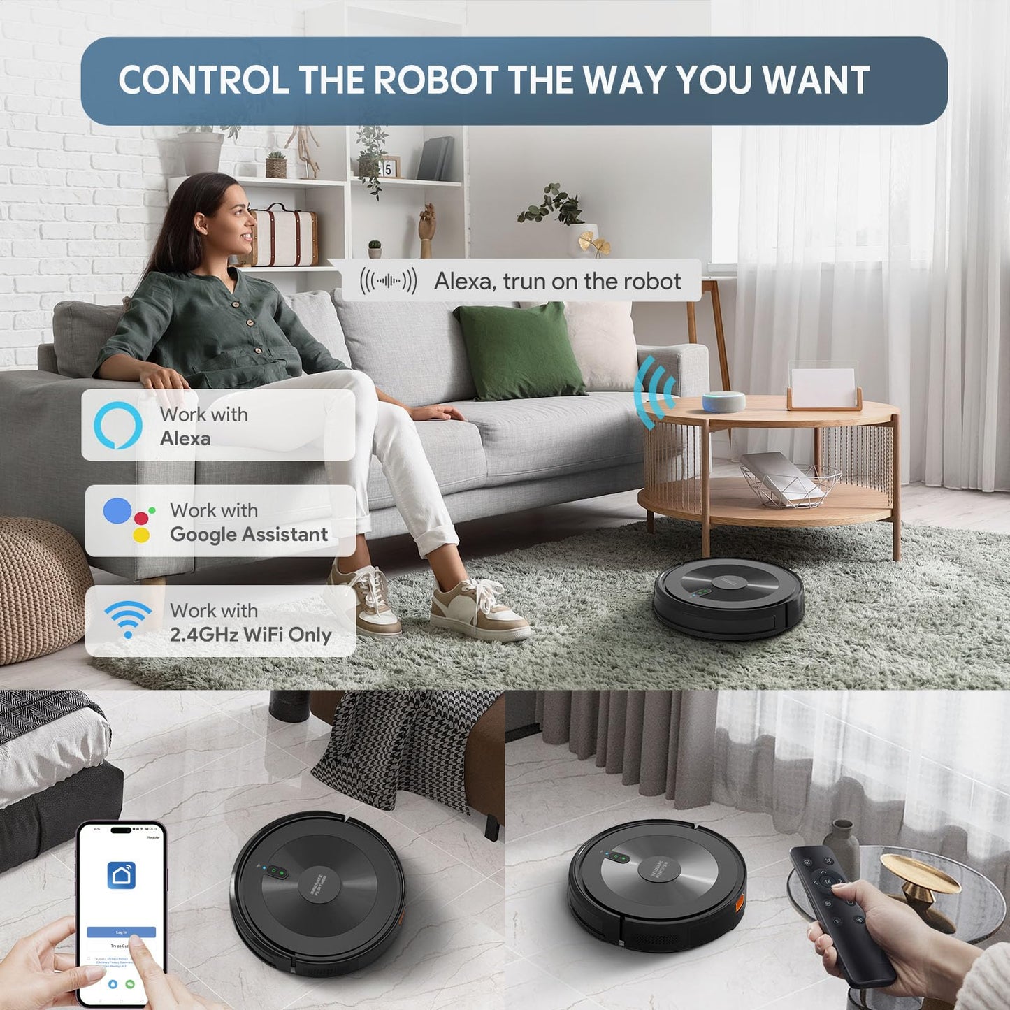 Robot Vacuum and Mop Combo: Robotic Vacuums 120 Mins Runtime & Alexa/APP Remote Control & Schedule Cleaning & Self-Charging, Slim Robot Vacuum Cleaner for Home Hard Floor, Low-Pile Carpet, Pet Hair