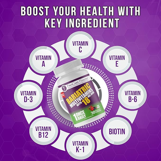 ProCare Health Bariatric chewable Multivitamin with Iron 18mg (30 Tablets) - Fruit Punch Flavor Bariatric Multivitamin Chewable for Gastric Bypass & Sleeve Gastrectomy Patients* (1 Month Supply)