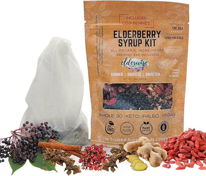 Elderwise Organics Elderberry Syrup Kit (Goji Blend) Ningxia Berry - Brew Bag Included - Organic Elderberries - Rosehips - Ginger - Wolfberry - Cinnamon - Cloves