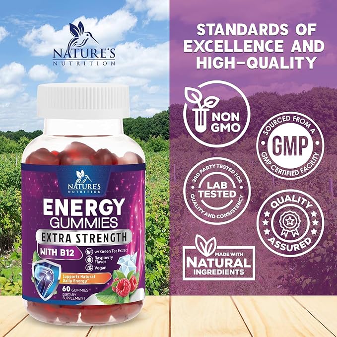 Energy Gummies Vitamin B12 1000 mcg, Green Tea Natural Caffeine Support, Extra Strength Daily Energy Vitamins, Delicious Berry Flavor Gluten Free Chewable Supplement for Cycling & Running - 60 Chews