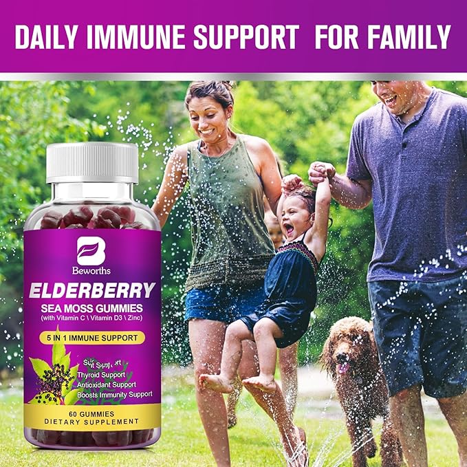 (2 Pack Elderberry Gummies & Irish Sea Moss, Organic Sambucus Elderberry Gummy with Seamoss, Zinc, Vitamin C, D3, Multivitamin Elderberry Vitamins - Sugar-Free