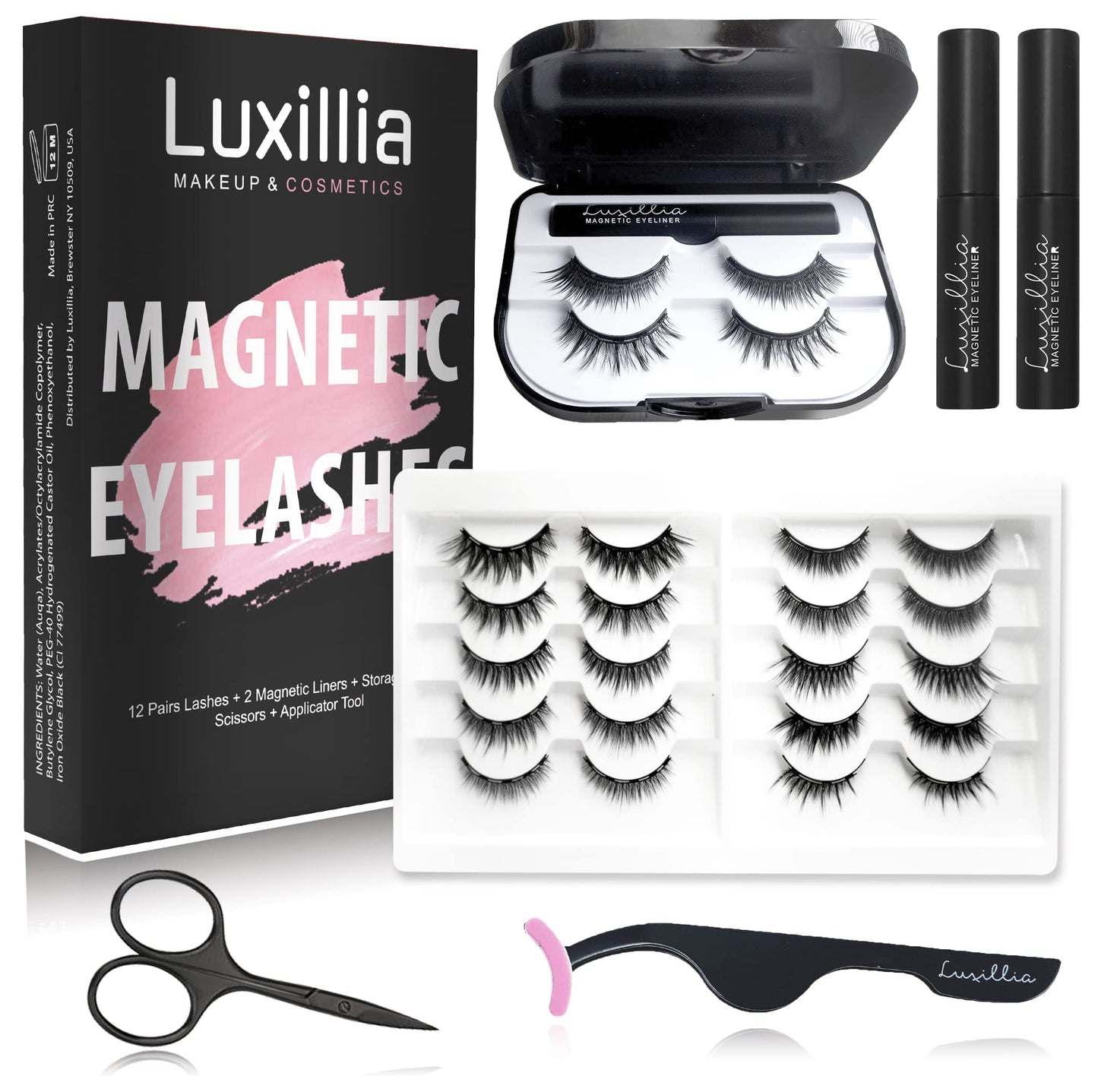 Luxillia Magnetic Eyelashes with Eyeliner 16 Piece Set, Most Natural Looking Magnetic Lashes Kit with Applicator, Best 8D, 3D Look, Reusable Fake Eye Lash, No Glue, Strongest Waterproof Liquid Liner