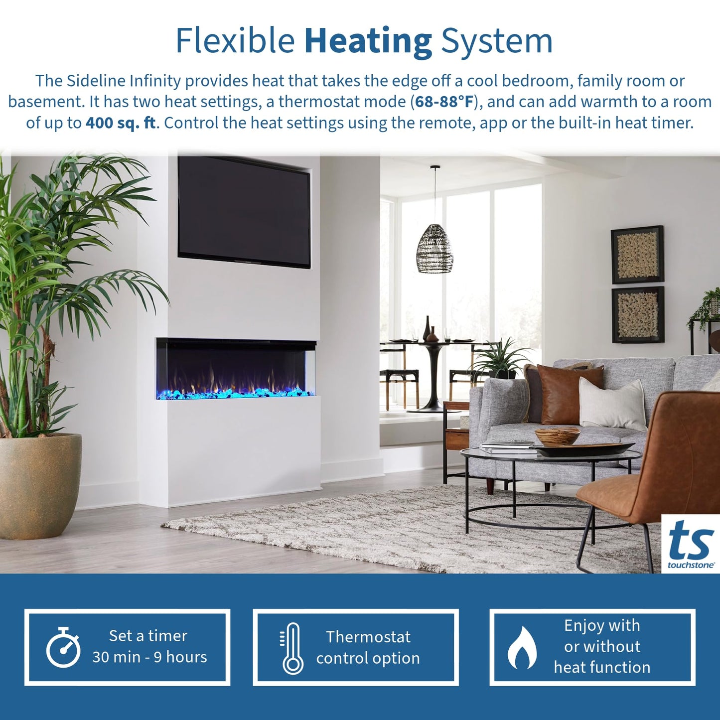 Touchstone Sideline Infinity Pro 3-Sided Smart 50" WiFi-Enabled Electric Fireplace - 80045 - Built-in - 6 Realistic Flame Colors- 13-Color Down Lighting- Crackle Sound- 1,500W Heater