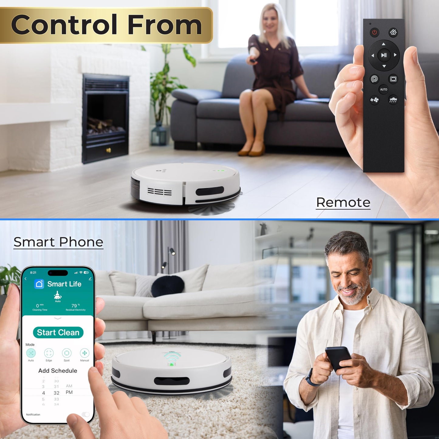 Smart Robot Vacuum and Mop Combo, 2000Pa Suction, App Control, 4 Cleaning Modes, Anti-Fall Sensors, Multi-Surface Cleaning, Self-Charging, Ideal for Pet Hair, Soft and Hard Floors, White