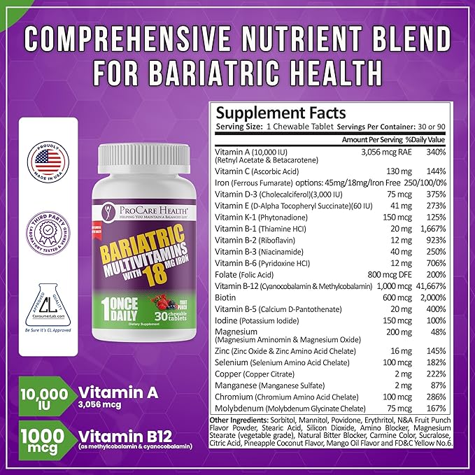 ProCare Health Bariatric chewable Multivitamin with Iron 18mg (30 Tablets) - Fruit Punch Flavor Bariatric Multivitamin Chewable for Gastric Bypass & Sleeve Gastrectomy Patients* (1 Month Supply)
