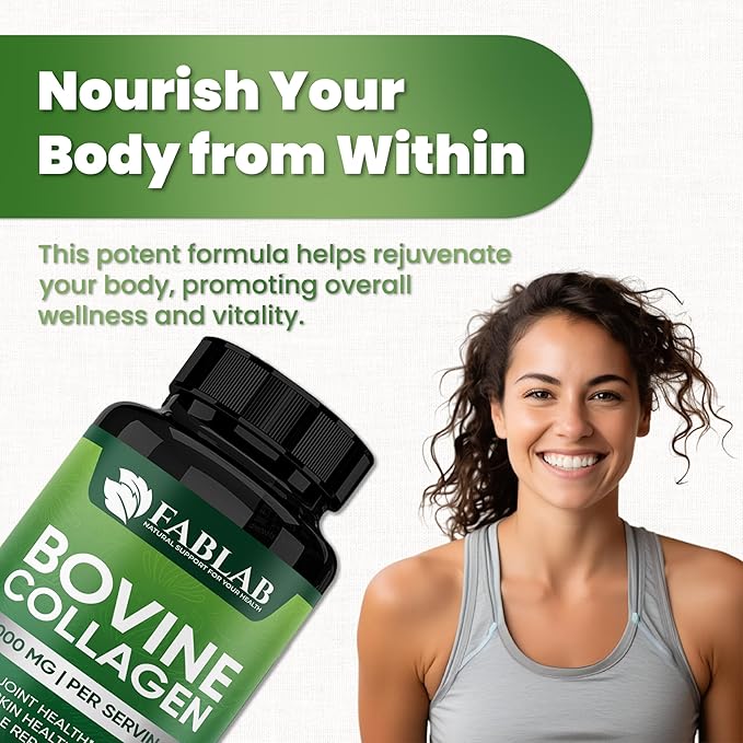 FabLab Bovine Collagen Type I Supplement - Nutritional Supplement for Joint, Nerve & Bone Support - Non-GMO, Anti-Aging Dietary Product with Hydrolyzed Peptides - 100 Capsules