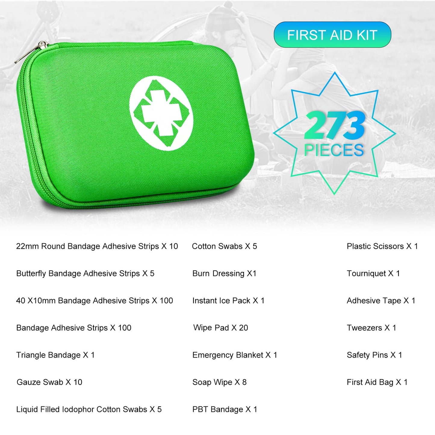 Car-Home Survival First-Aid Kit Emergency-Kit - Green 273Piece Equipment Travel Supplies First Aid Set Home Essentials Camping Hiking YIDERBO