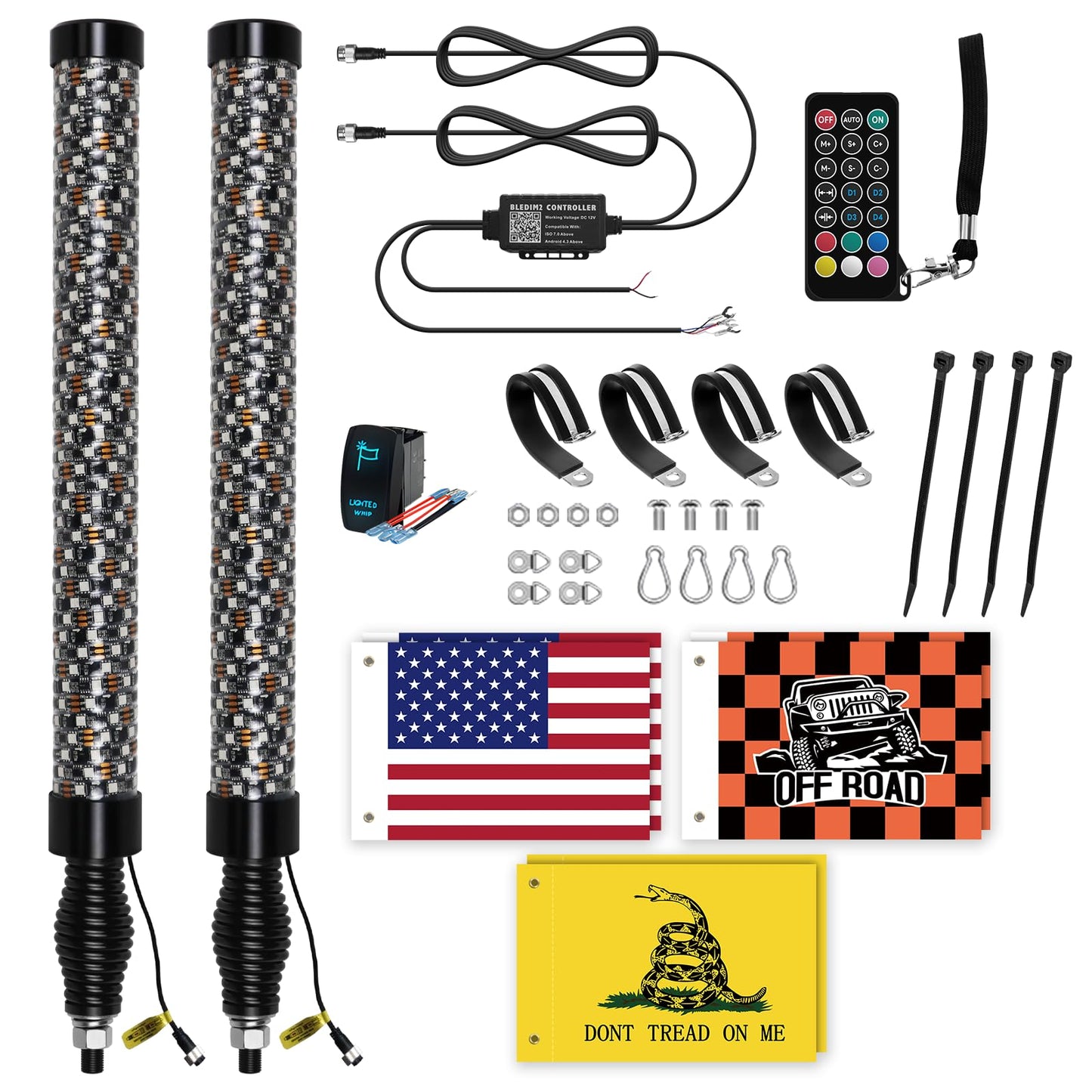 Elesovu 2PCS 3FT Fat LED Lights with Spring Base, RGB Chasing Lighted Antenna Whips with App & Remote Control, Music Lights for UTV ATV Can-Am Truck