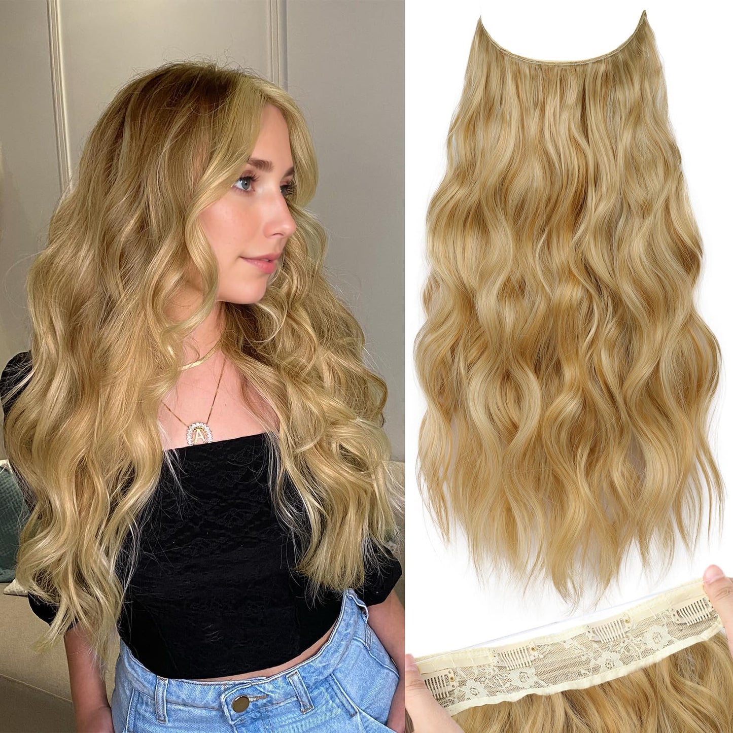 KooKaStyle Invisible Wire Hair Extensions with Transparent Headband Adjustable Size 4 Secure Clips Long Wavy Secret Wire Hairpiece 20 Inch Honey Blonde for Women