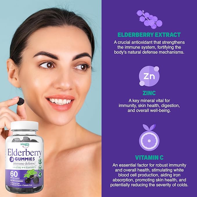 Elderberry Gummies with Vitamin C and Zinc - Immune Booster Elderberry Gummies For Adults and Kids - Vegan Natural Ingredients Defense Multivitamins with Antioxidant Support (120 Gummies)