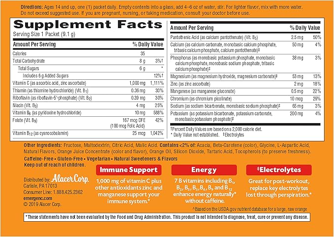 Emergen-C 1000mg Vitamin C Powder for Daily Immune Support Caffeine Free Vitamin C Supplements with Zinc and Manganese, B Vitamins and Electrolytes, Super Orange Flavor -60 Count(Pack of 1)