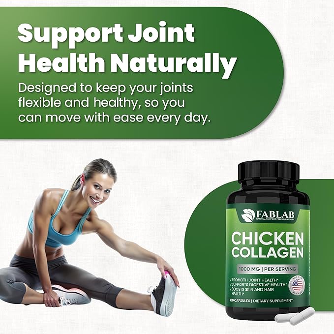 FabLab Chicken Collagen Type II Supplement - Nutritional Supplement for Joint, Nerve & Bone Support - Non-GMO, Anti-Aging Dietary Product with Hydrolyzed Peptides- 100 Capsules