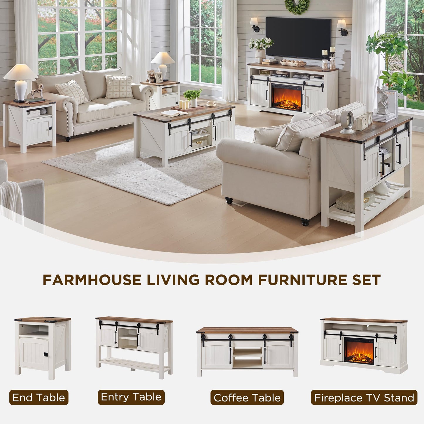 OKD Farmhouse Fireplace TV Stand for 70+ Inch TV, 33" Tall Highboy Entertainment Center w/Electric Fireplace, Rustic Media Console w/Sliding Arched Door for Living Room,Antique White