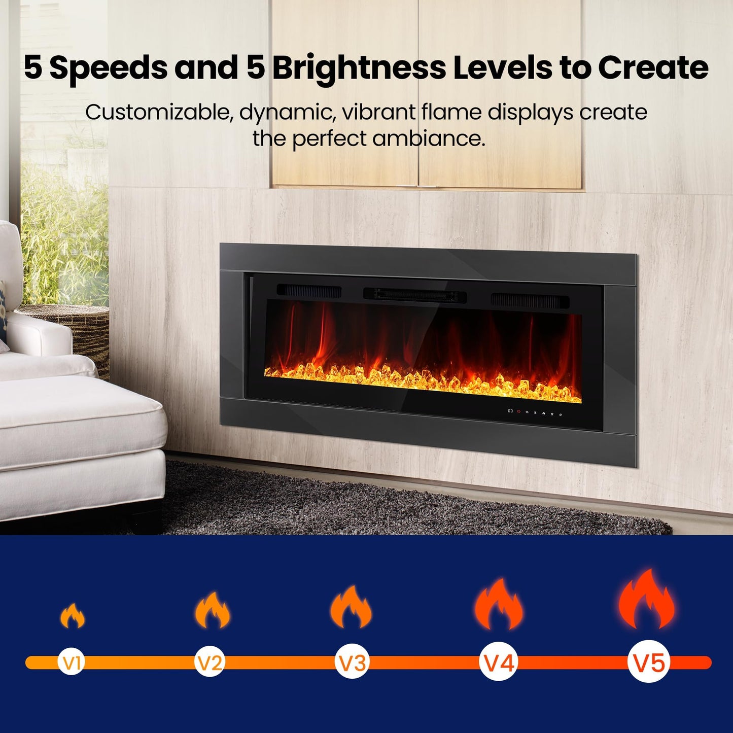 Electric Fireplace Wall Mounted 50 Inch Realsmart 750/1500W Insert Fireplaces Recessed Heaters Slim Black Fireplace Remote Control Touch Screen Timer 10 Flame Colors LED Decor Low Noise