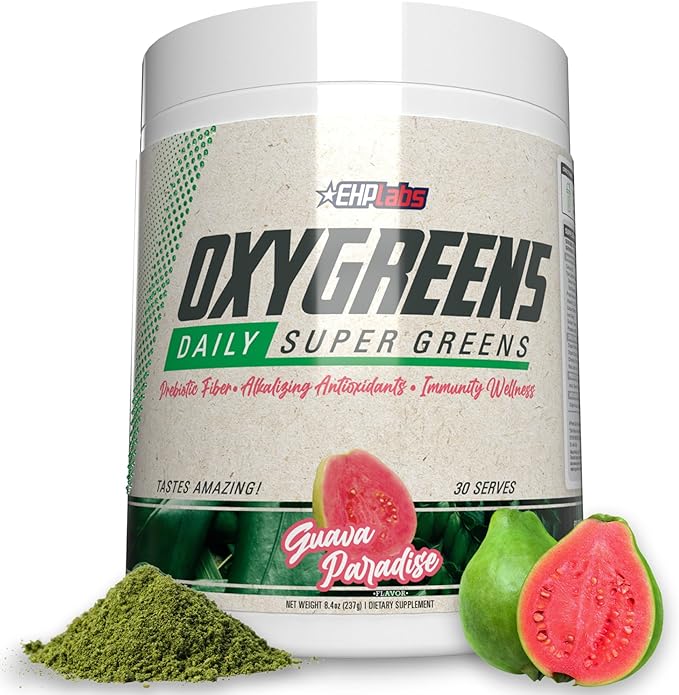 EHP Labs OxyGreens Super Greens Powder - Spirulina & Chlorella Superfood, Green Juice Powder & Greens Supplements with Prebiotic Fibre, Antioxidants & Immunity Support, 30 Serves (Guava Paradise)
