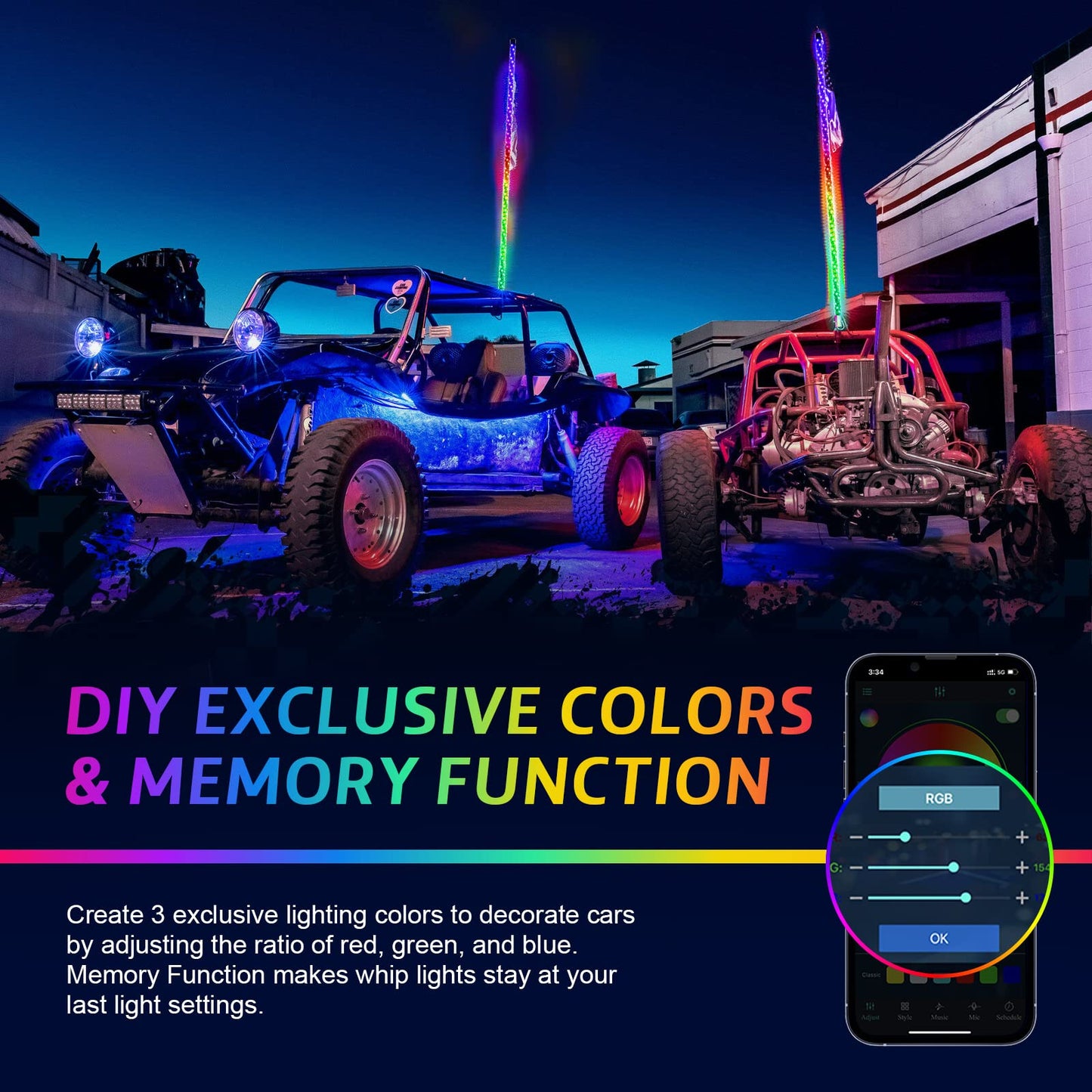 Ehaho 2 Pack 5FT Whip Lights with Spring Base,LED Whip Light with App & Remote Control, Spiral RGB Chasing Lighted Whips with Rocker Switch, Music Whip Light for UTV ATV Polaris RZR Can-Am SXS Truck