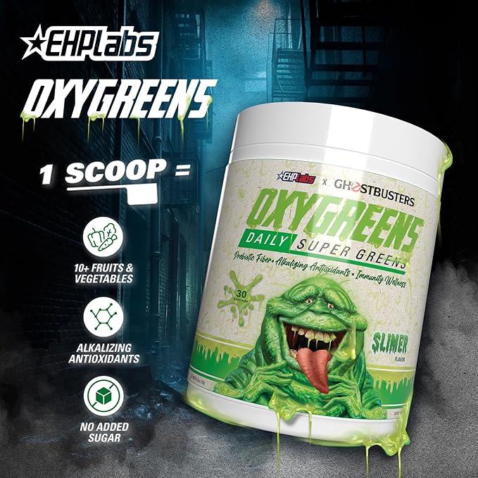 EHP Labs x Ghostbusters OxyGreens Super Greens Powder - Spirulina & Chlorella Superfood, Green Juice Powder with Prebiotic Fibre, Antioxidants & Immunity Support, 30 Serves (Slimer Lime)
