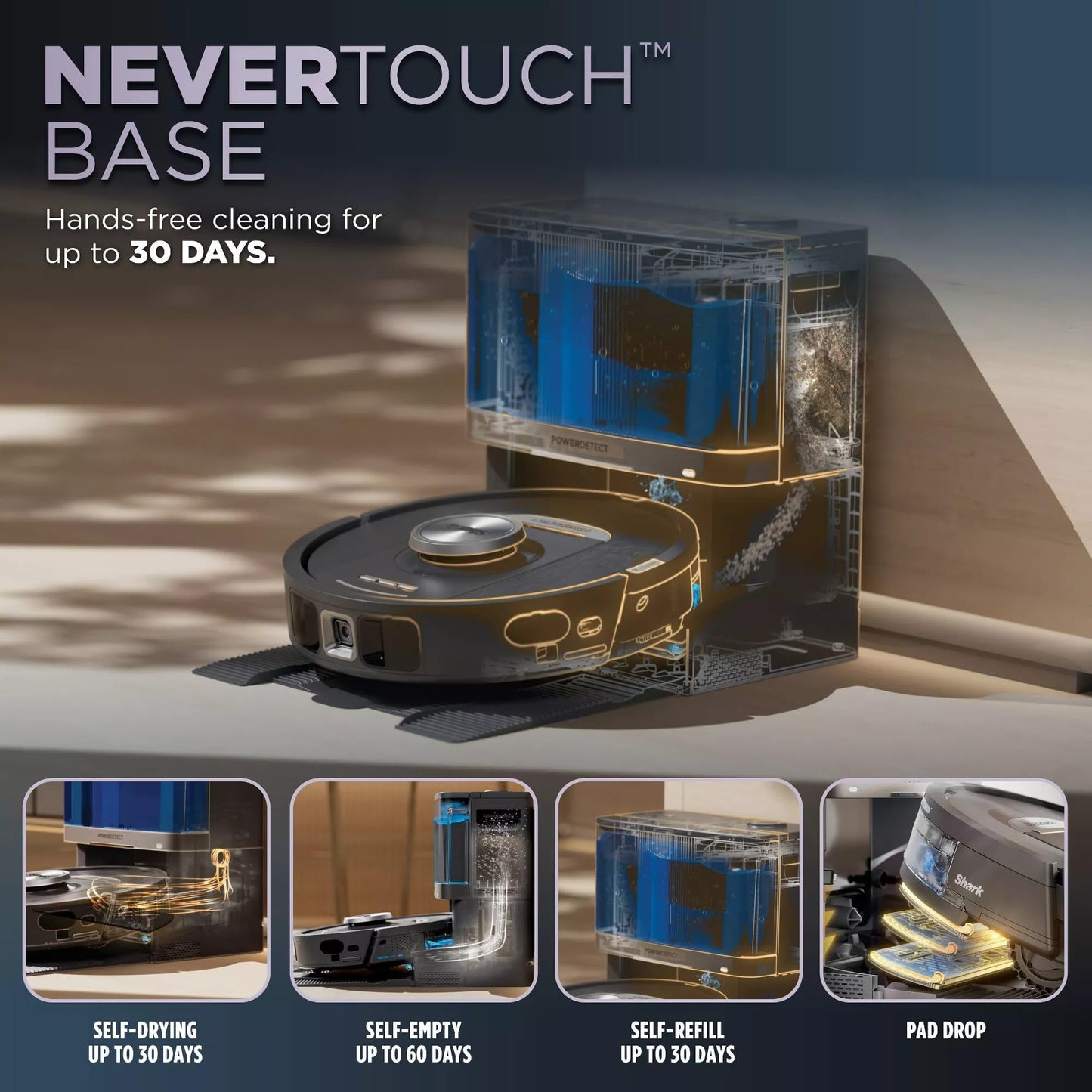 Shark Robot Vacuum & Mop Combo, PowerDetect NeverTouch, Self-Emptying & Self-Refilling, 60-Day Capacity, 30-Day Refill Tank, Pad Dry, RV2820YE (Renewed)