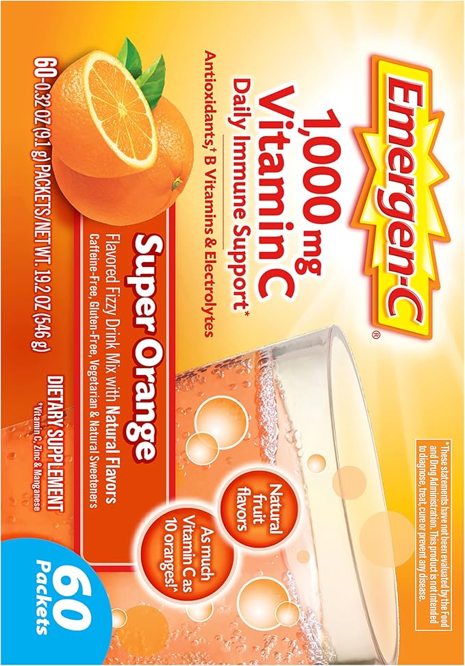 Emergen-C 1000mg Vitamin C Powder for Daily Immune Support Caffeine Free Vitamin C Supplements with Zinc and Manganese, B Vitamins and Electrolytes, Super Orange Flavor -60 Count(Pack of 1)