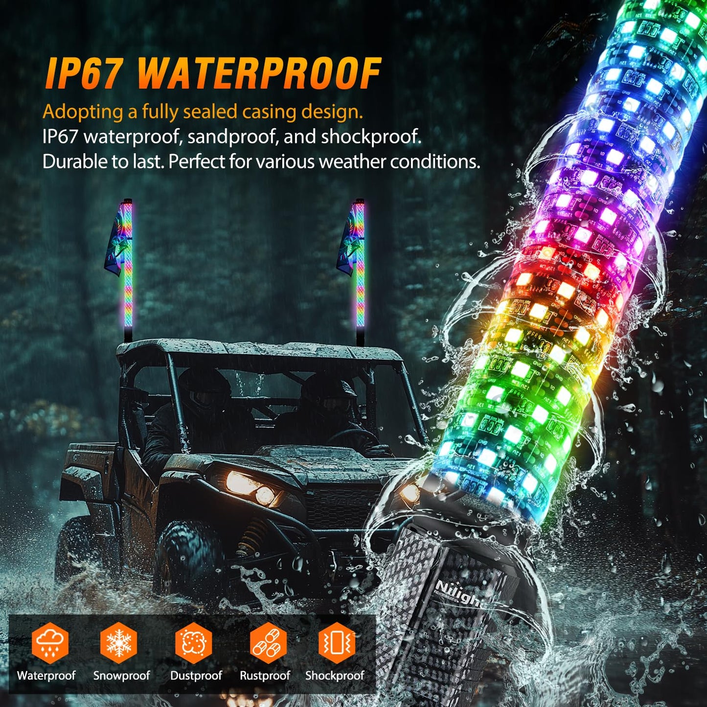 Nilight LED Fat Whip Light 2PCS 3FT RGB Lighted Antenna Whips with Remote & App Control DIY Chasing Patterns Brake Reverse Turn Lights for ATV UTV Polaris RZR Can-am Dune Buggy Pickup Trucks Jeep