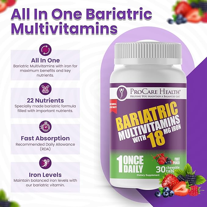 ProCare Health Bariatric chewable Multivitamin with Iron 18mg (30 Tablets) - Fruit Punch Flavor Bariatric Multivitamin Chewable for Gastric Bypass & Sleeve Gastrectomy Patients* (1 Month Supply)