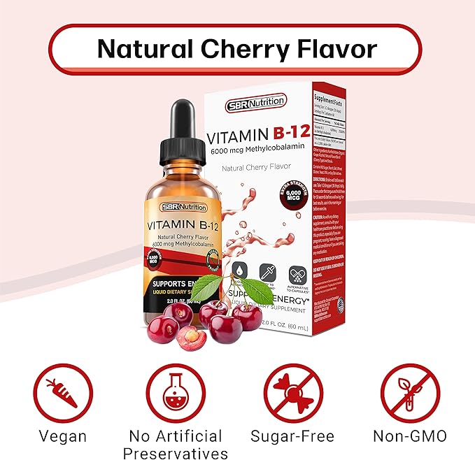 Extra Strength 6000mcg Vitamin B12 Sublingual Liquid Drops - Methylcobalamin, VIT B 12 Supports Energy, Max Absorption, 60 Servings, Non-GMO, Vegan Friendly, Manufactured in The USA