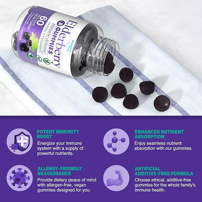 Elderberry Gummies with Vitamin C and Zinc - Immune Booster Elderberry Gummies For Adults and Kids - Vegan Natural Ingredients Defense Multivitamins with Antioxidant Support (120 Gummies)