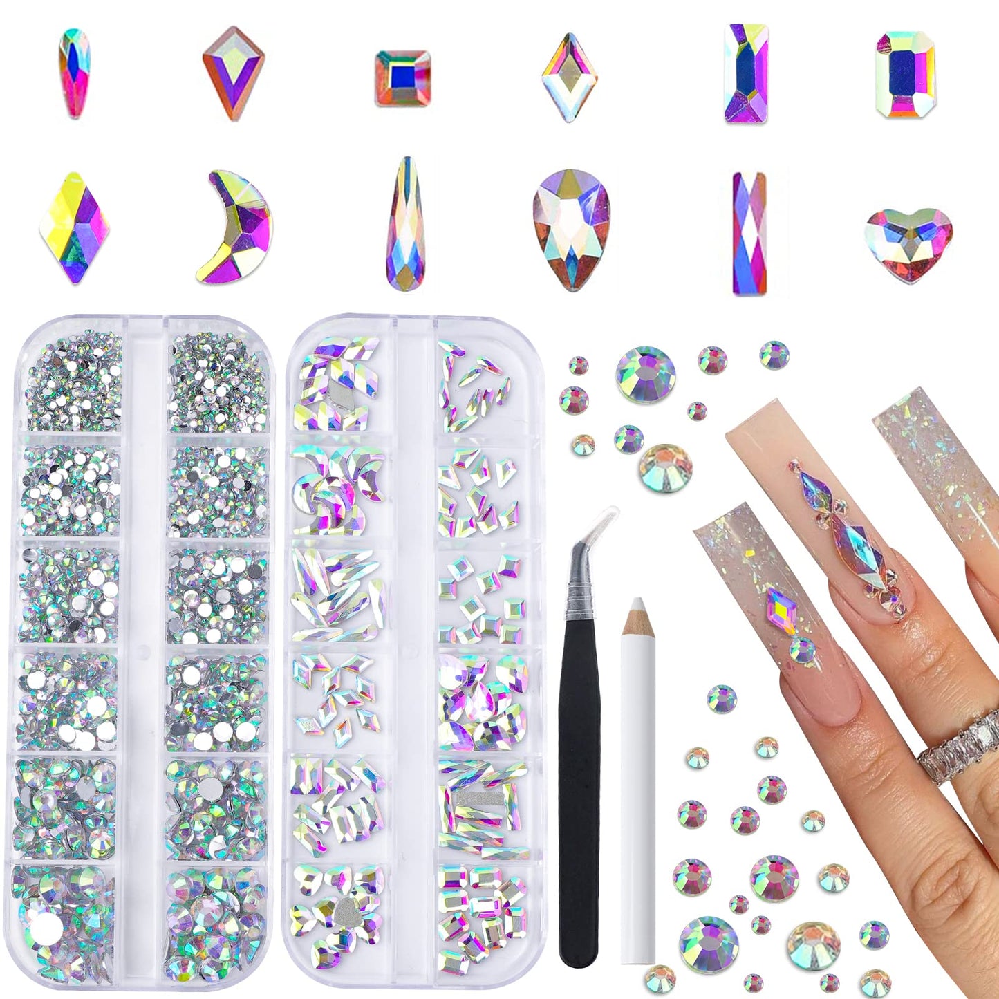 Canvalite 1820Pcs Rhinestones Nail Gems, 12 Styles 3D Glass Crystals Charms Shiny Multi Shape Flatback Nail Rhinestones For Nail
