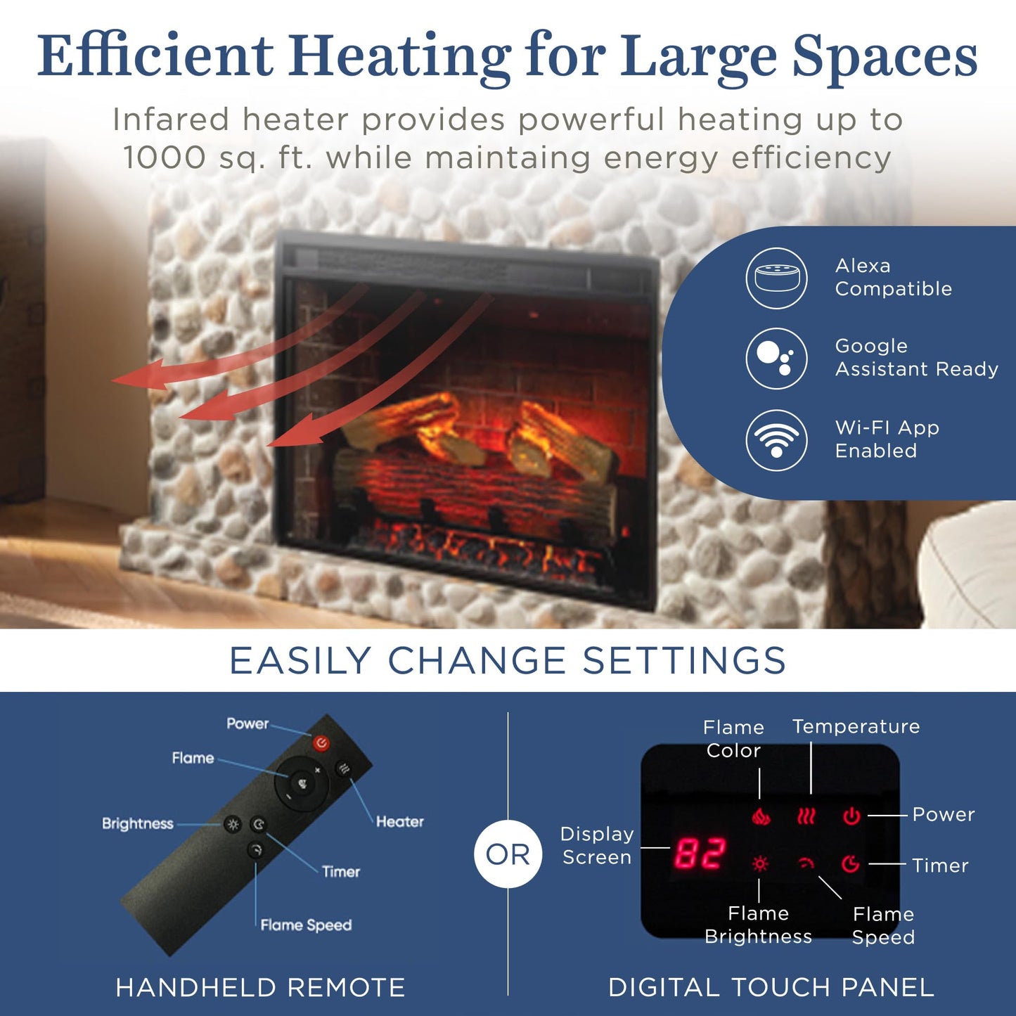 Country Living - Glenbrook Fireplace Mantel Package, 28β, Alexa/WiFi Enabled Fireplace Insert, Cast Stone River Rock Surround, 1500W