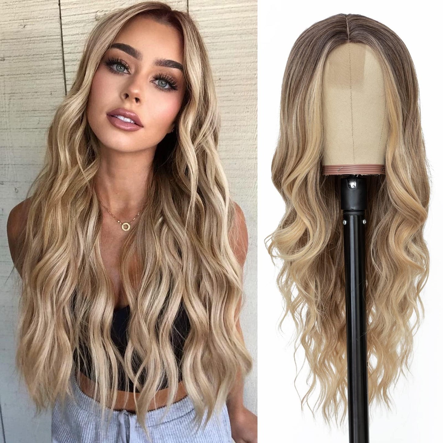 NAYOO Long Ombre Blonde Wavy Wig for Women 26 Inch Middle Part Curly Wavy Wig Natural Looking Synthetic Heat Resistant Fiber for Daily Party Use (Ombre Blonde)