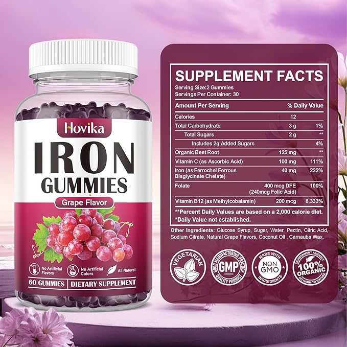 (2 Pack) Iron Gummies Supplement for Women & Men, Iron Supplements for Anemia with Vitamin C, B12, Folate-Blood Builder & Energy Support for Iron Deficiency - Grape Flavor, Vegan, 120 Gummies