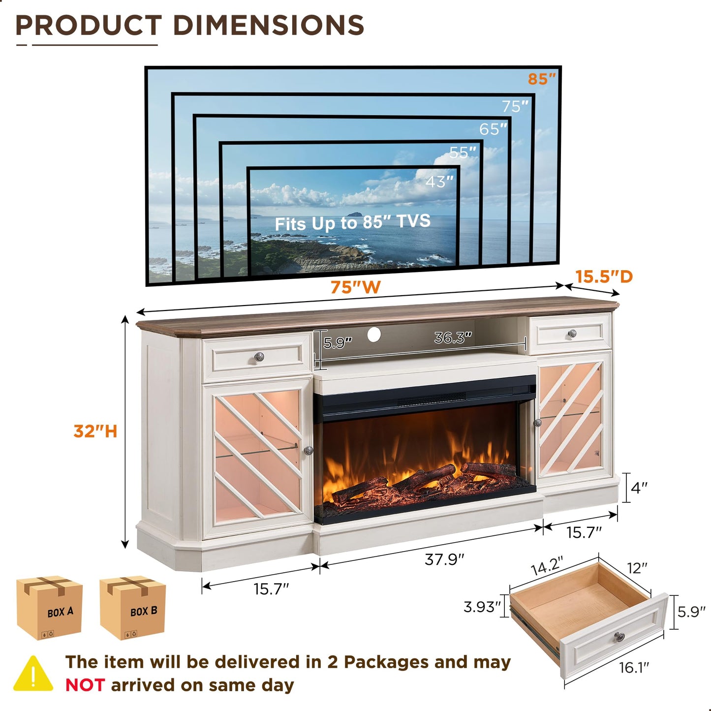 OKD 75 Inch 3-Sided Electric Fireplace TV Stand for TVs up to 85'',Modern Highboy Entertainment Center with 36" Fireplace & LED Lights,Widen Drawers and Glass Door Storage Cabinet, Antique White