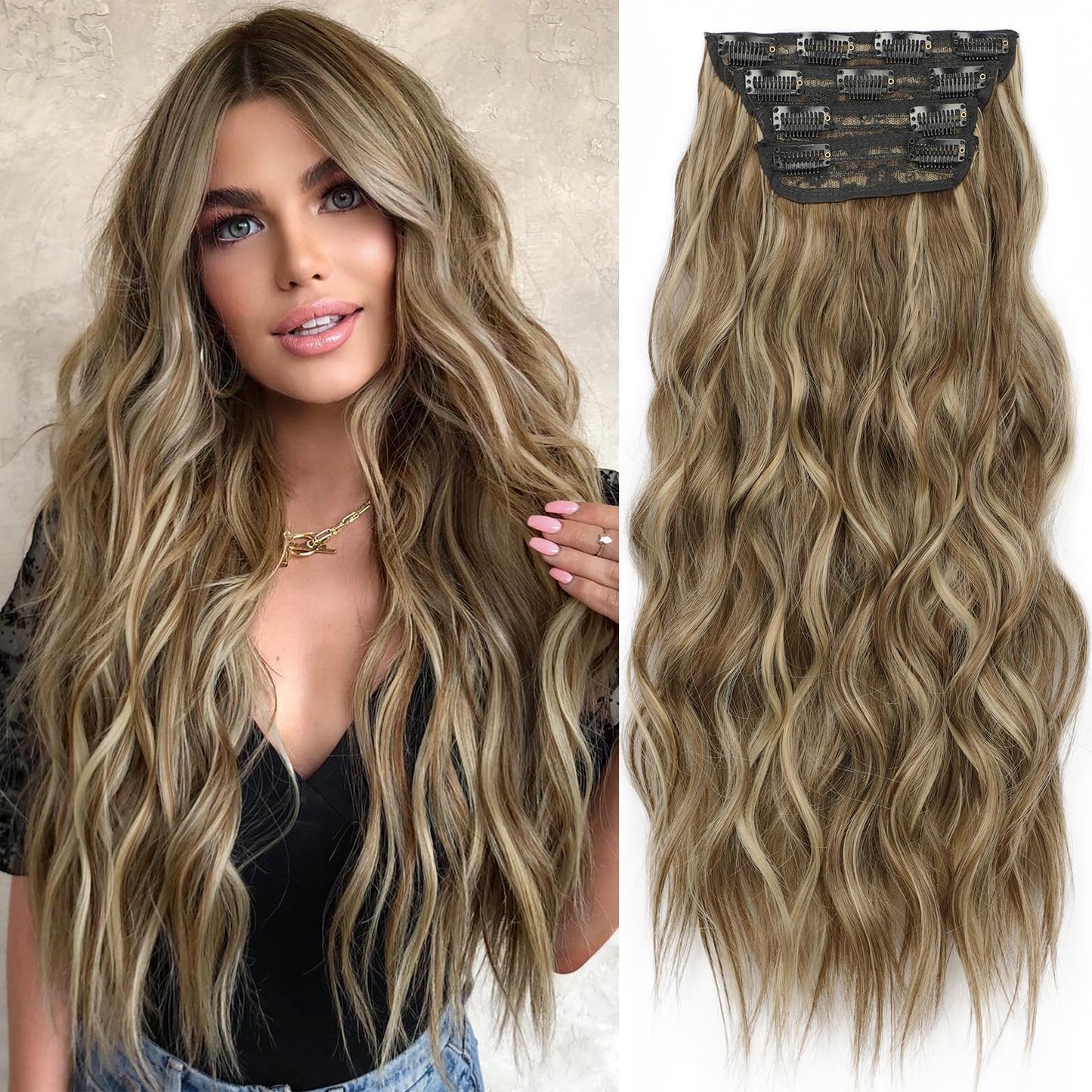 KooKaStyle Hair Extensions Light Brown mix Blonde 626D Clip in Synthetic Highlight Hair Extensions Long Wavy 4PCS Thick Hairpieces 20 Inch for Women