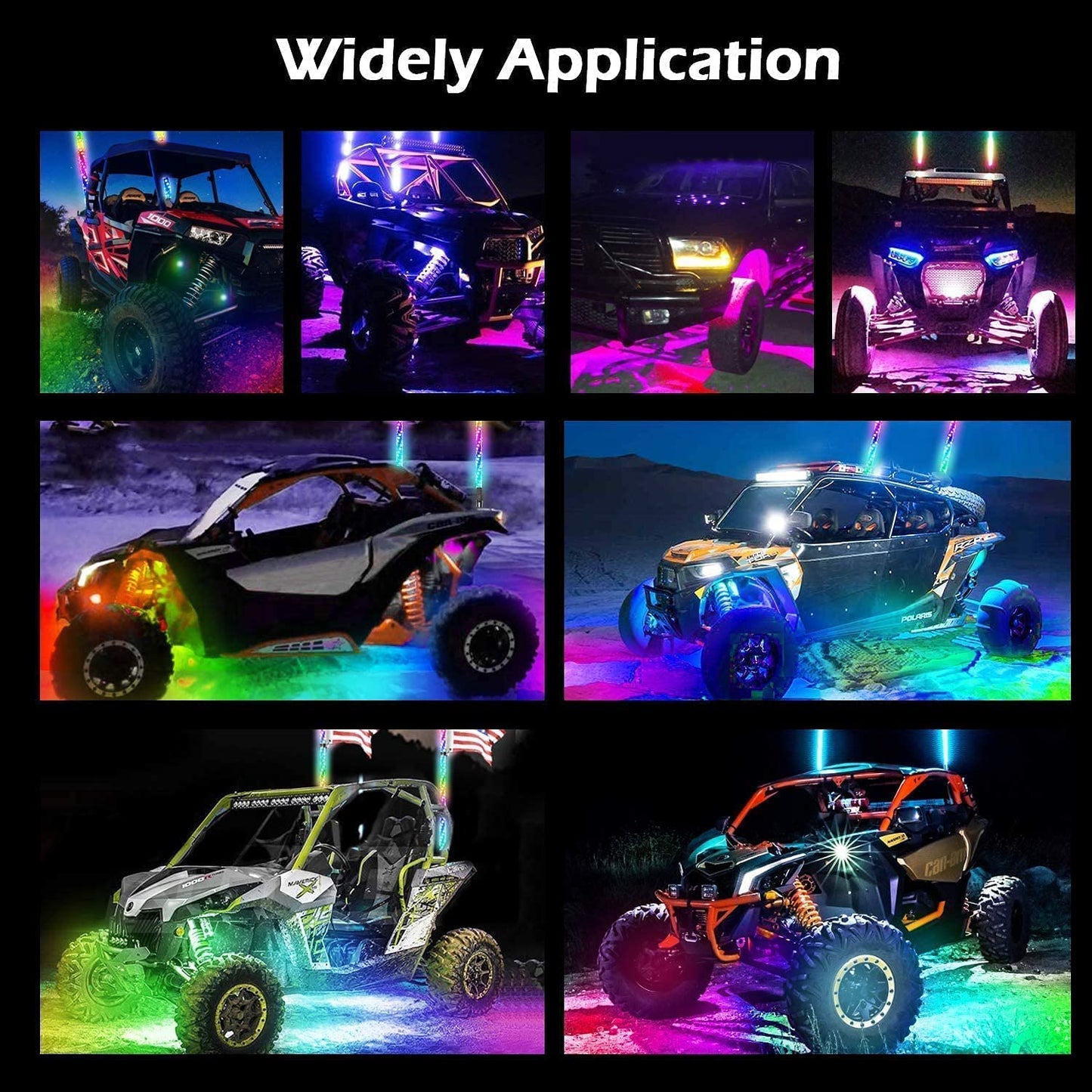 OHMU 2Pcs 3FT Led Whips and 3rd-Gen Rocks Lights Combo Bluetooth and Remote Control,Upgraded Higher Brightness 360° Spiral RGB Chasing Lighted Antenna Whips and Neon Pods