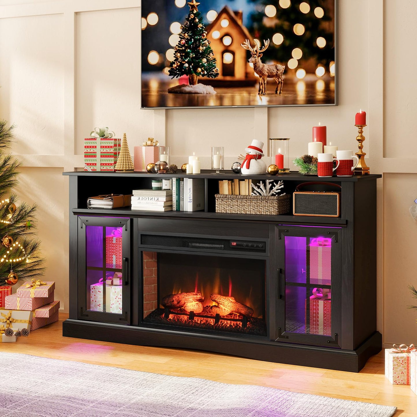 Tangkula Fireplace TV Stand for TVs Up to 65", Adjustable Shelves LED Light Entertainment Center with Electric Fire Place, for Living Room, Bedroom (Black)