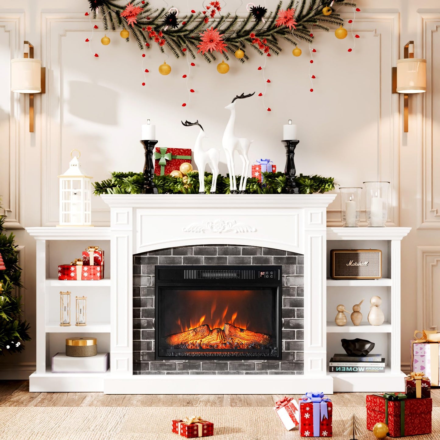 Bonnlo 80'' Fireplace TV Stand for 90'' TVs, Farmhouse Modern Electric Fireplace with Mantel, Media Entertainment Center Console Table with Ample Storage & Adjustable Shelves, White